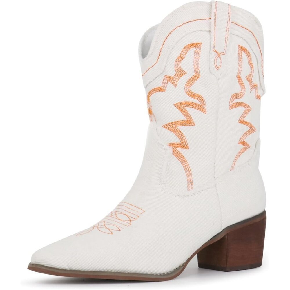 Women's White Embroidered Western Cowgirl Booties Pointed Toe Denim Heel